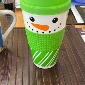Green and White Snowman Travel Mug